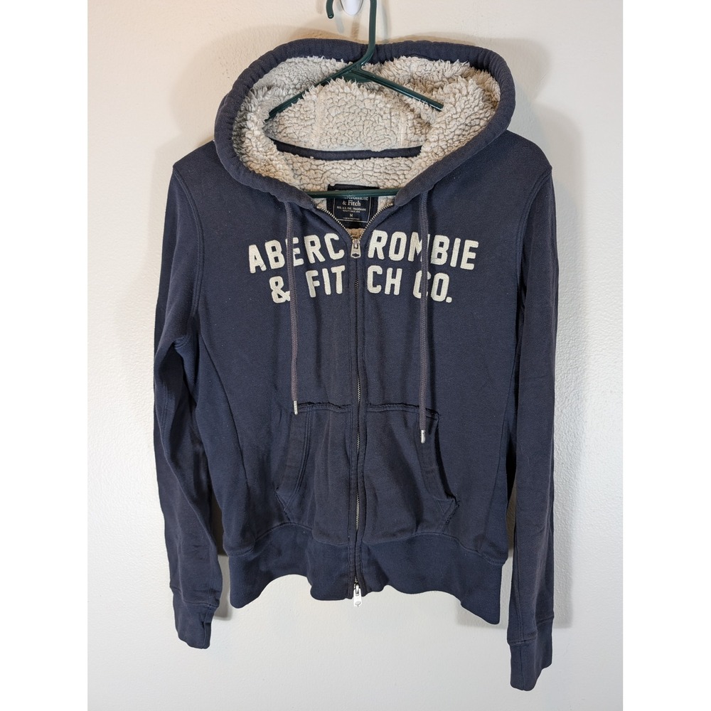 Abercrombie & Fitch Women's M Sherpa Lined Zip Up Hoodie Navy Blue Logo Y2K